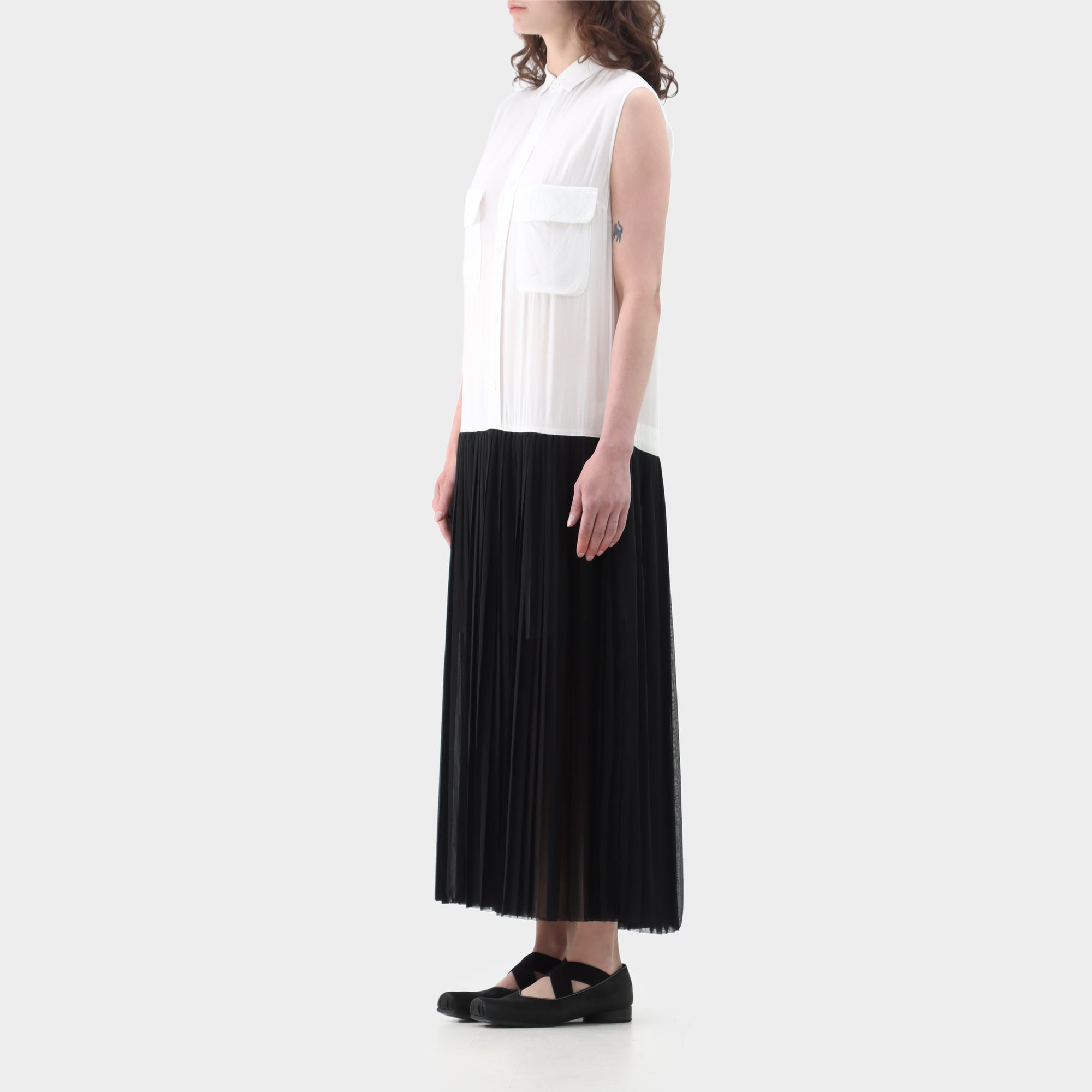 Y's sleeveless Shirt Pleated Overlay Dress