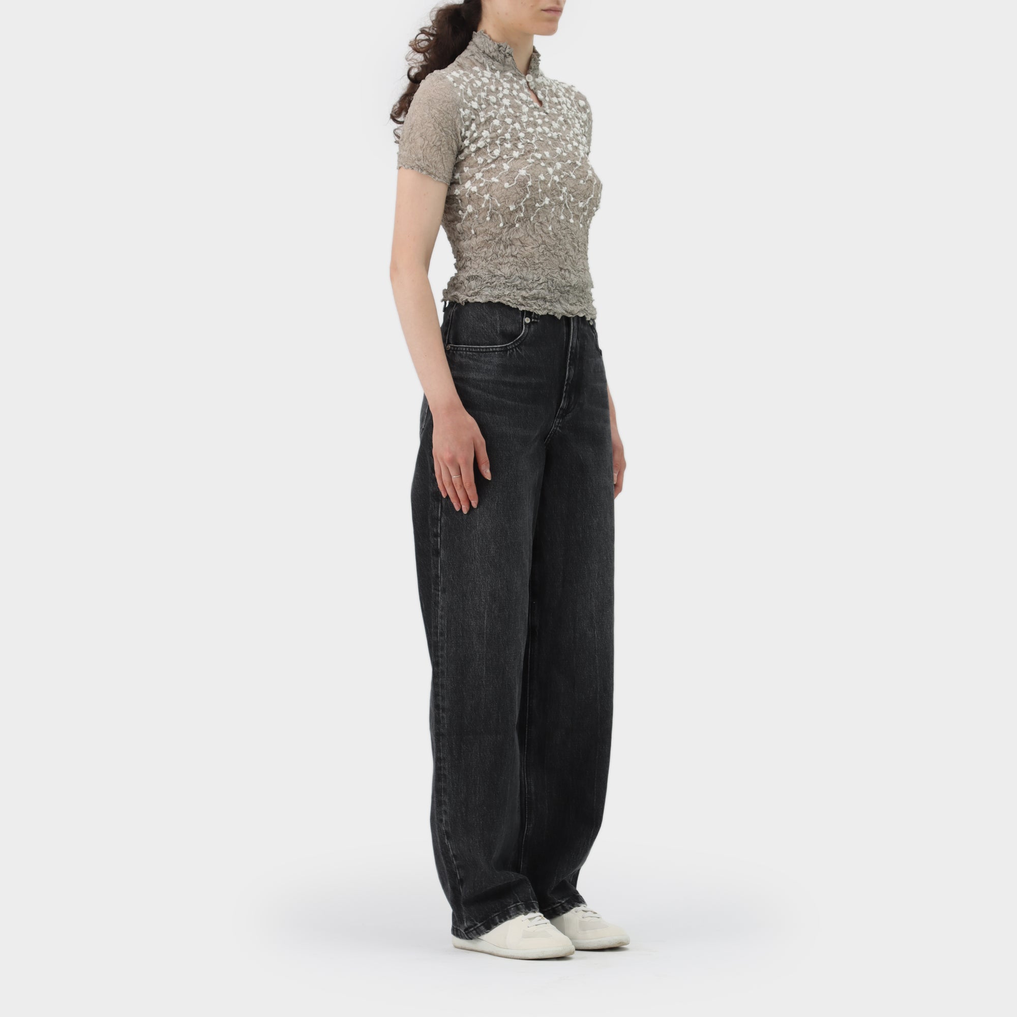 Issey Miyake White Label Floral Embroidered Scrunch Pleat Top