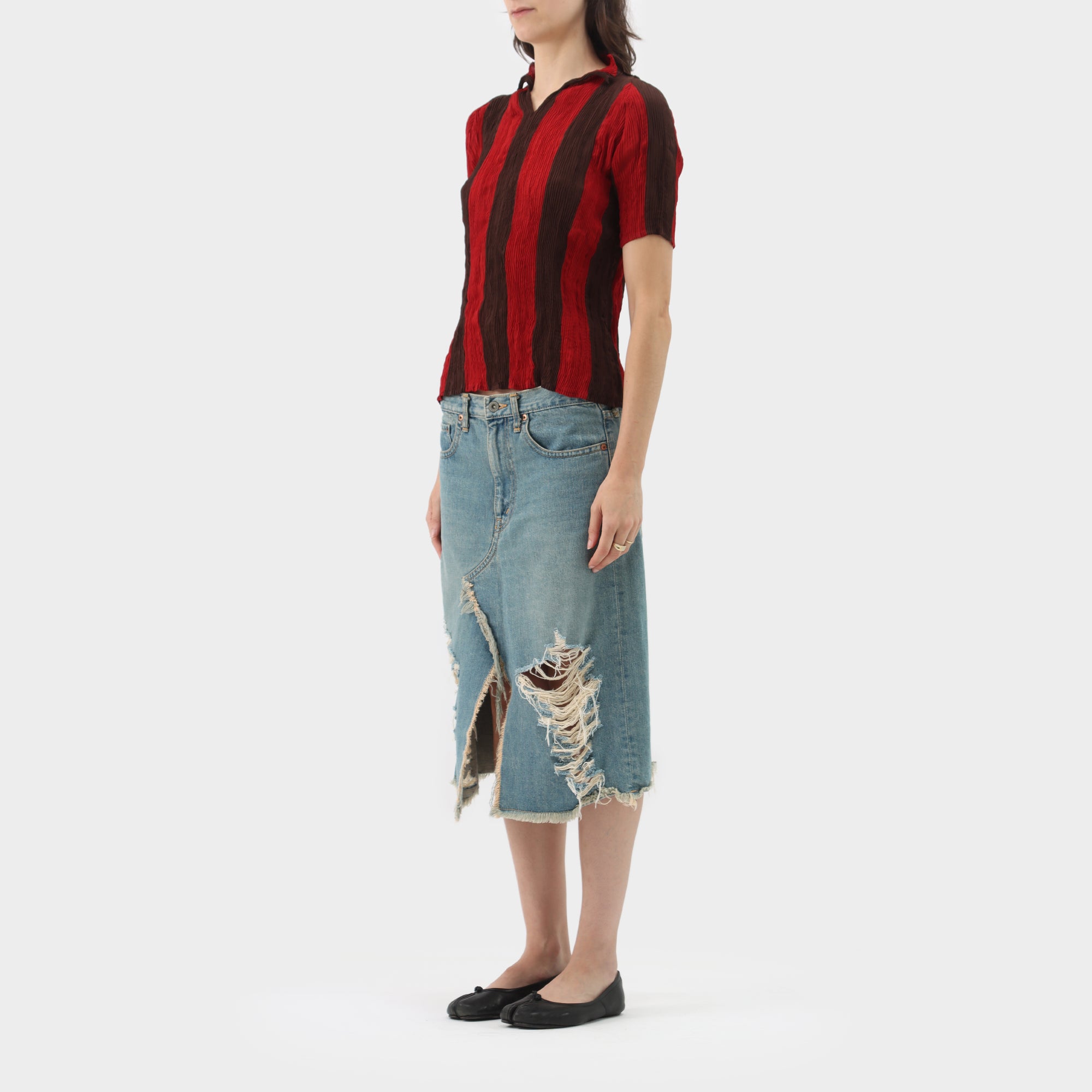 Issey Miyake White Label Crinkle Pleated Stripe Short-Sleeve Top