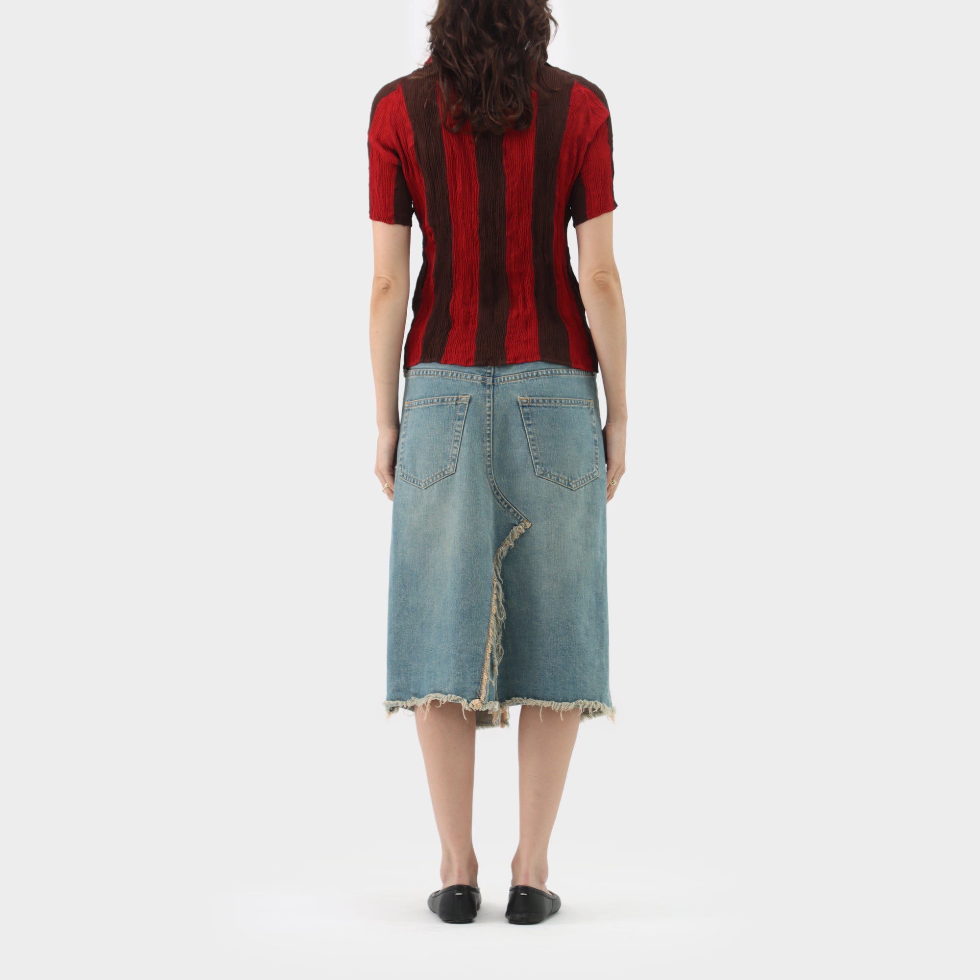Issey Miyake White Label Crinkle Pleated Stripe Short-Sleeve Top