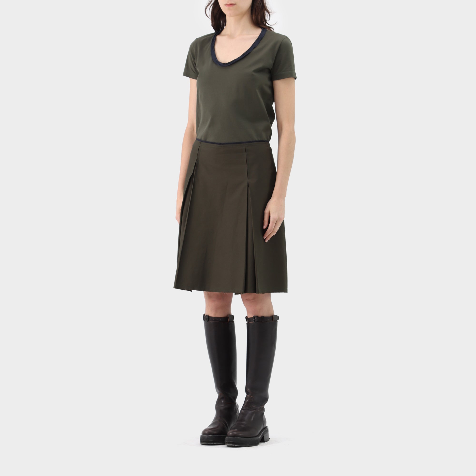 Jil Sander Navy Cotton Pleated Skirt and T-Shirt Set