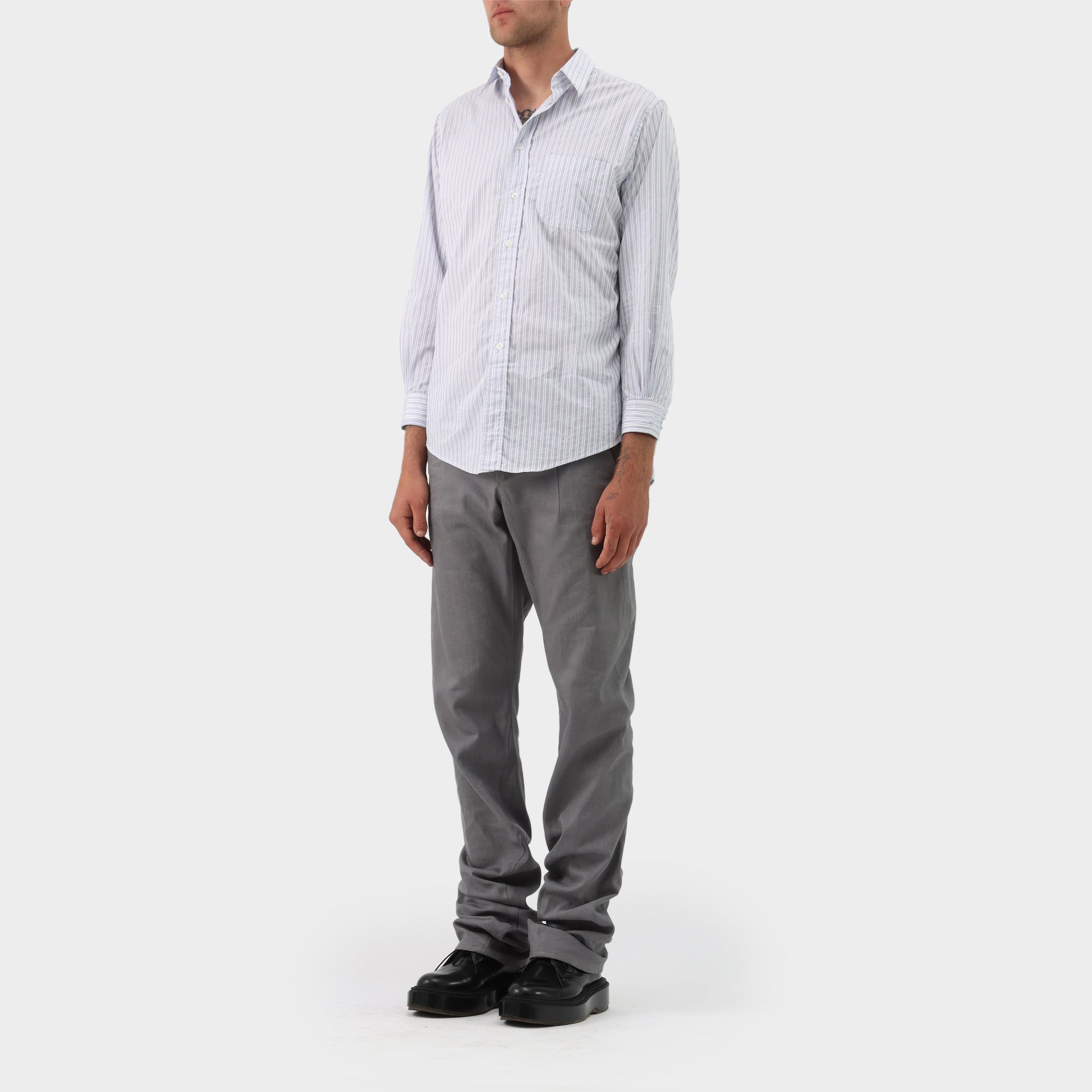 Maison Margiela Pinstripe Button Down with Distressed Cuffs