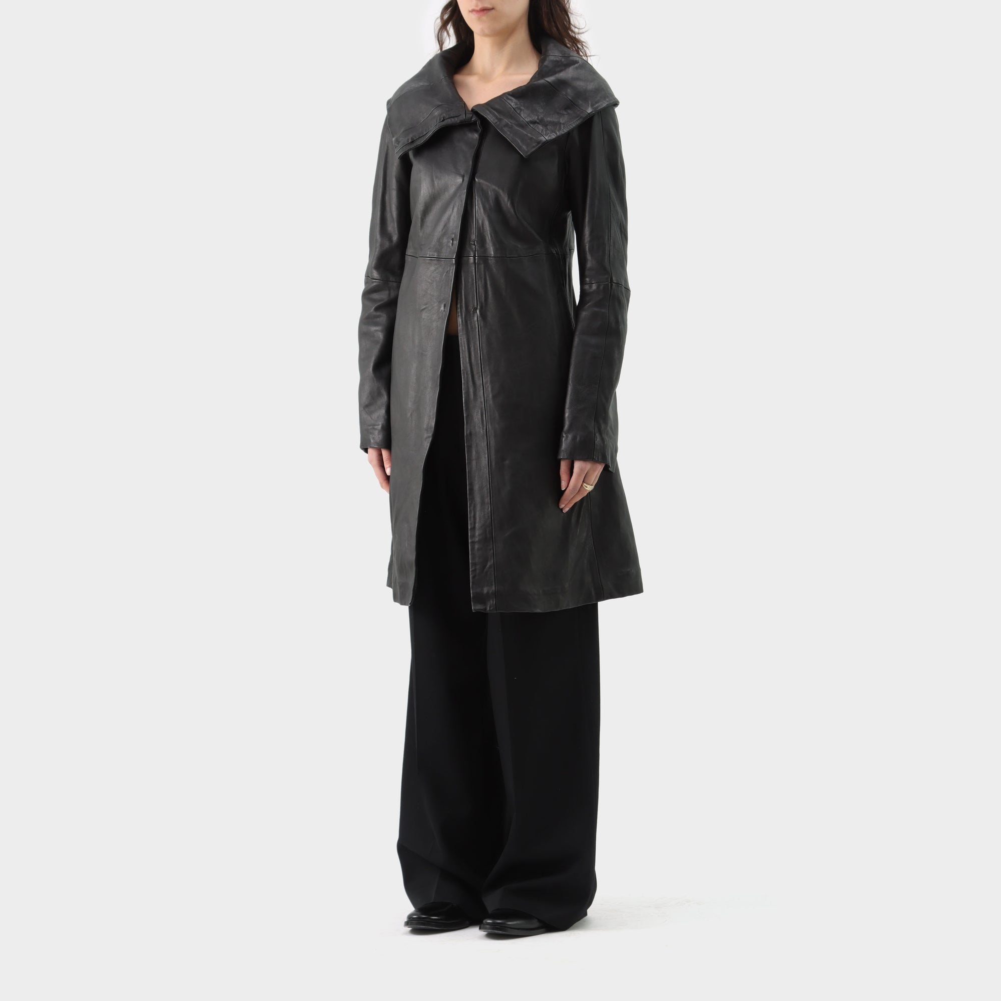 Peachoo + Krejberg High Neck Long Leather Jacket