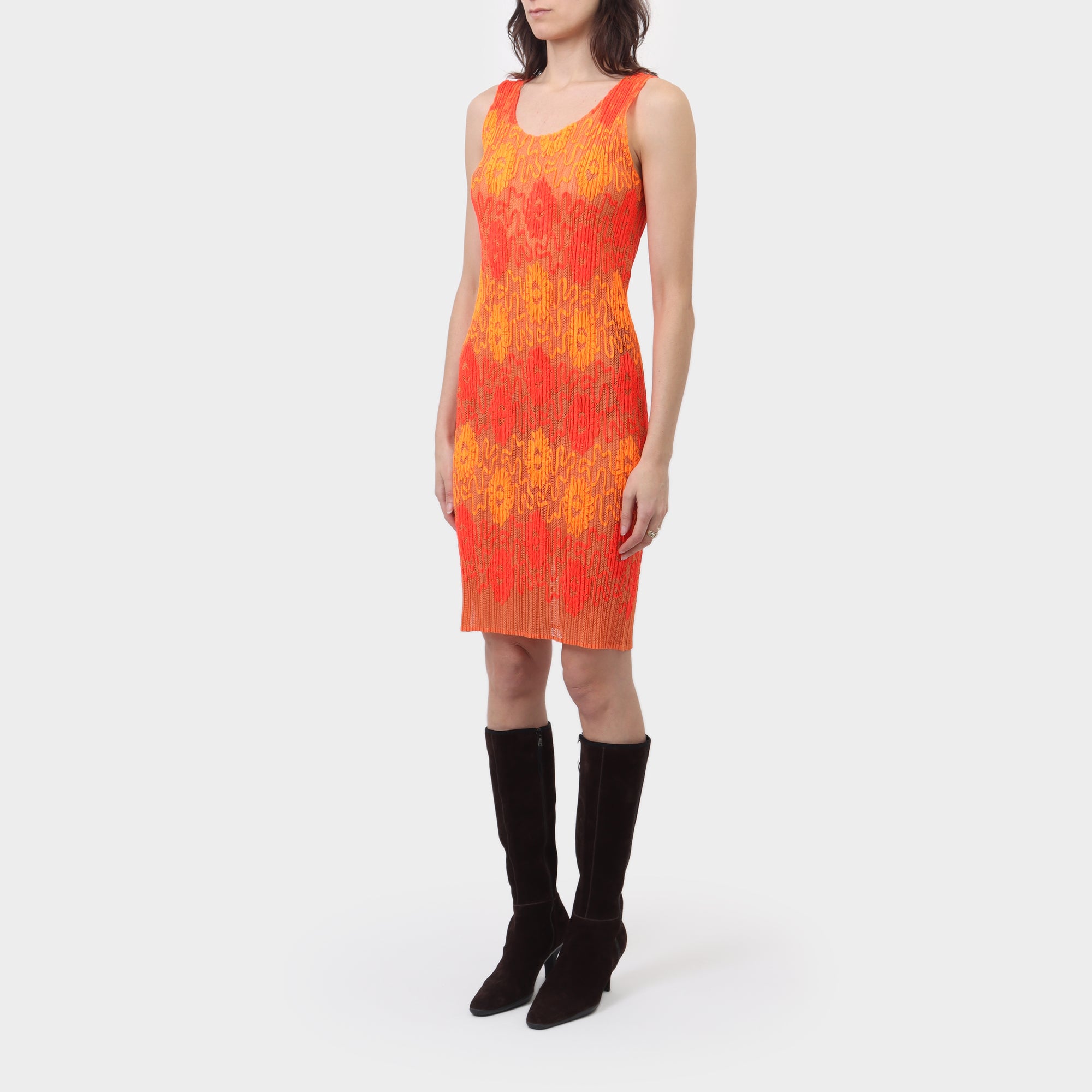 Pleats Please Floral Appliqué Mesh Pleat Dress