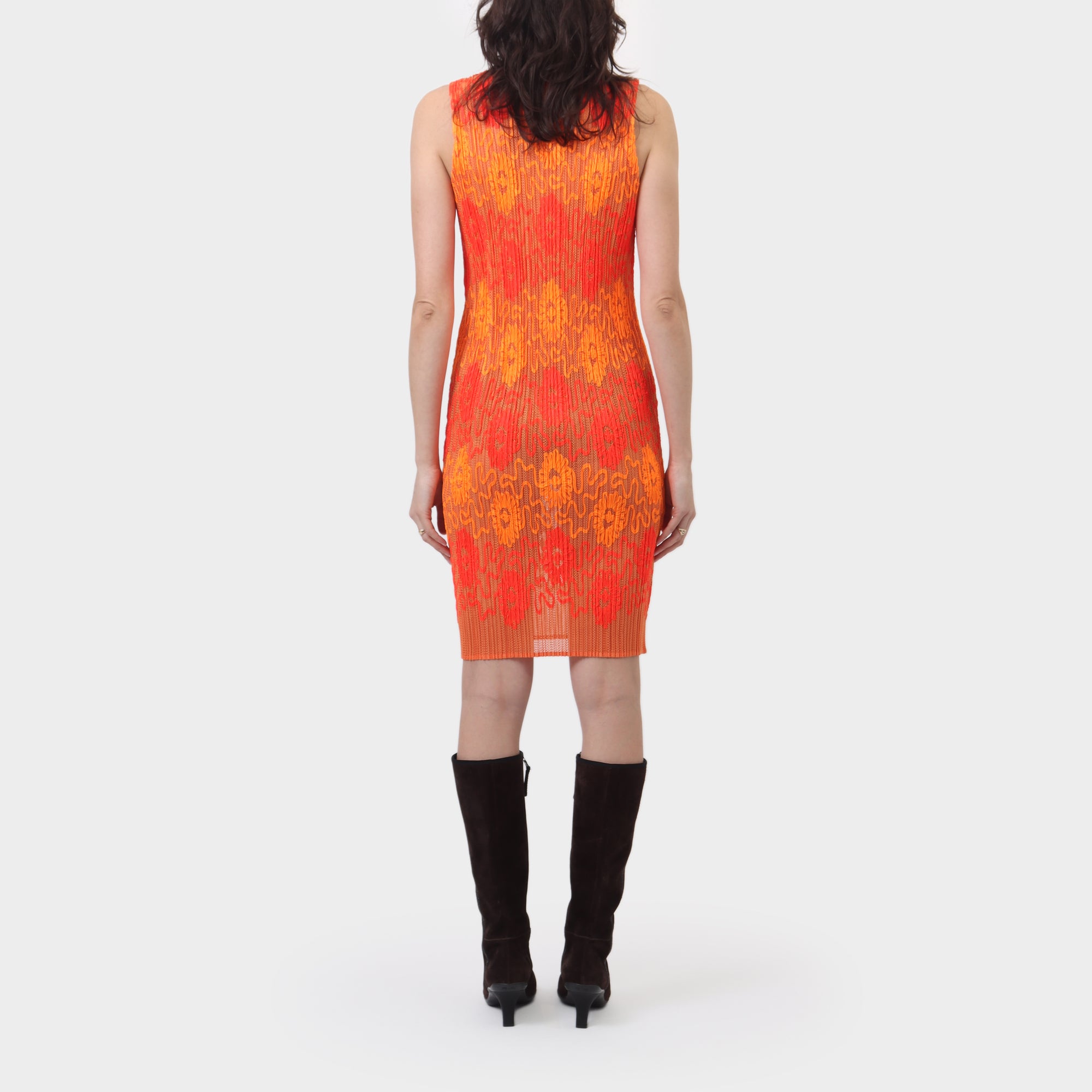 Pleats Please Floral Appliqué Mesh Pleat Dress