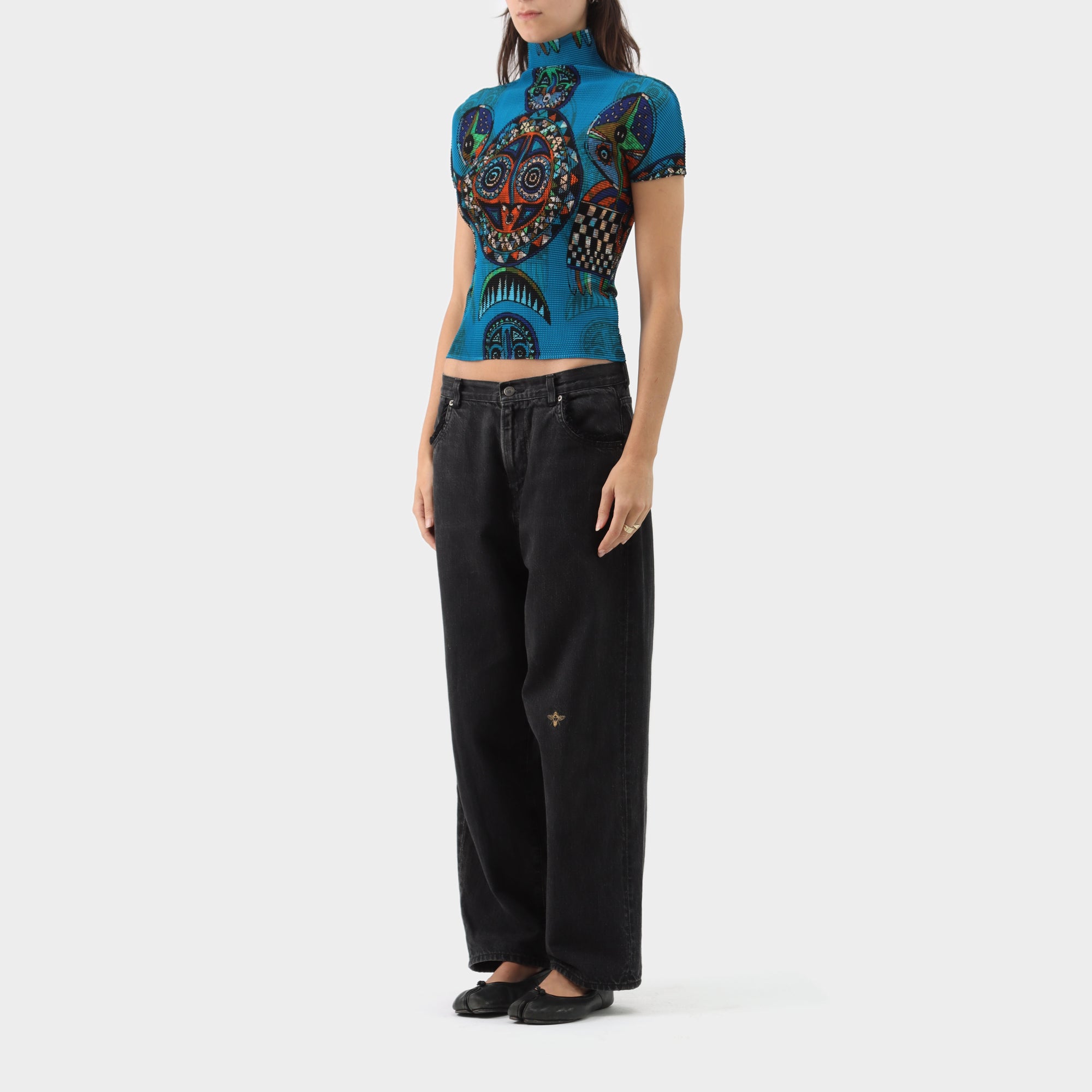 Issey Miyake Square Pleat Printed Mock Neck Top