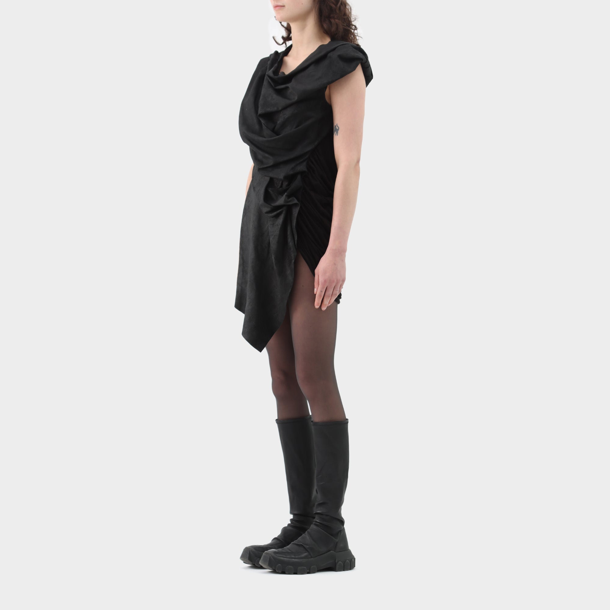 Rick Owens Gathered Leather Jersey Mini Dress
