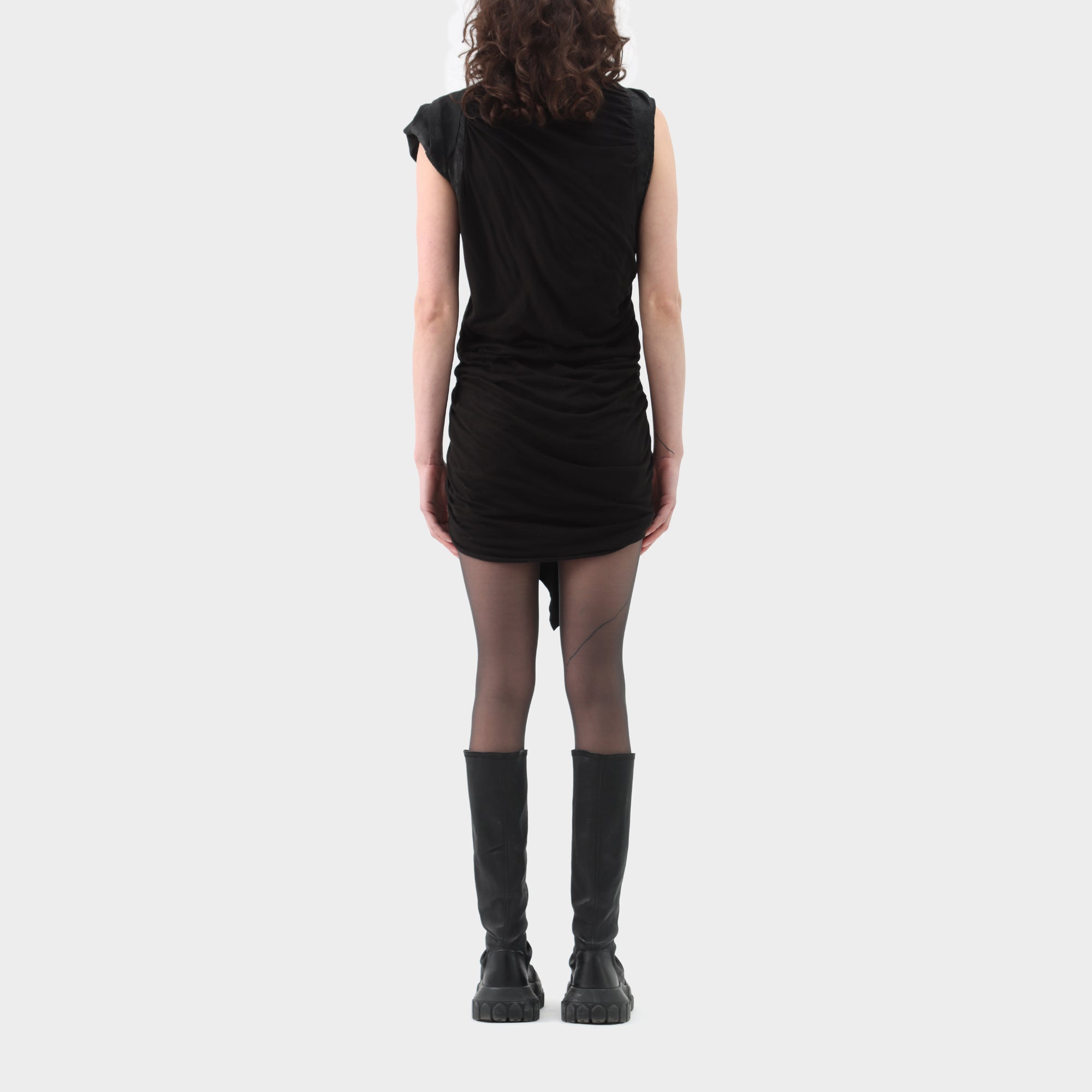 Rick Owens Gathered Leather Jersey Mini Dress