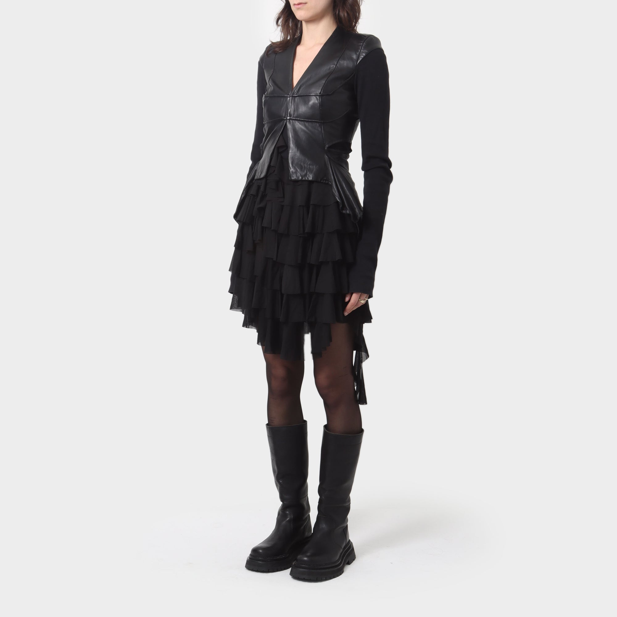 Rick Owens Leather Jacket with Fabric Sleeves