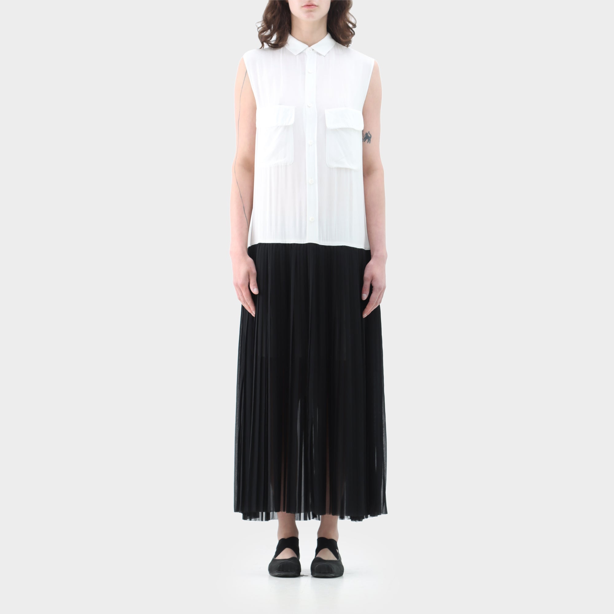 Y's sleeveless Shirt Pleated Overlay Dress