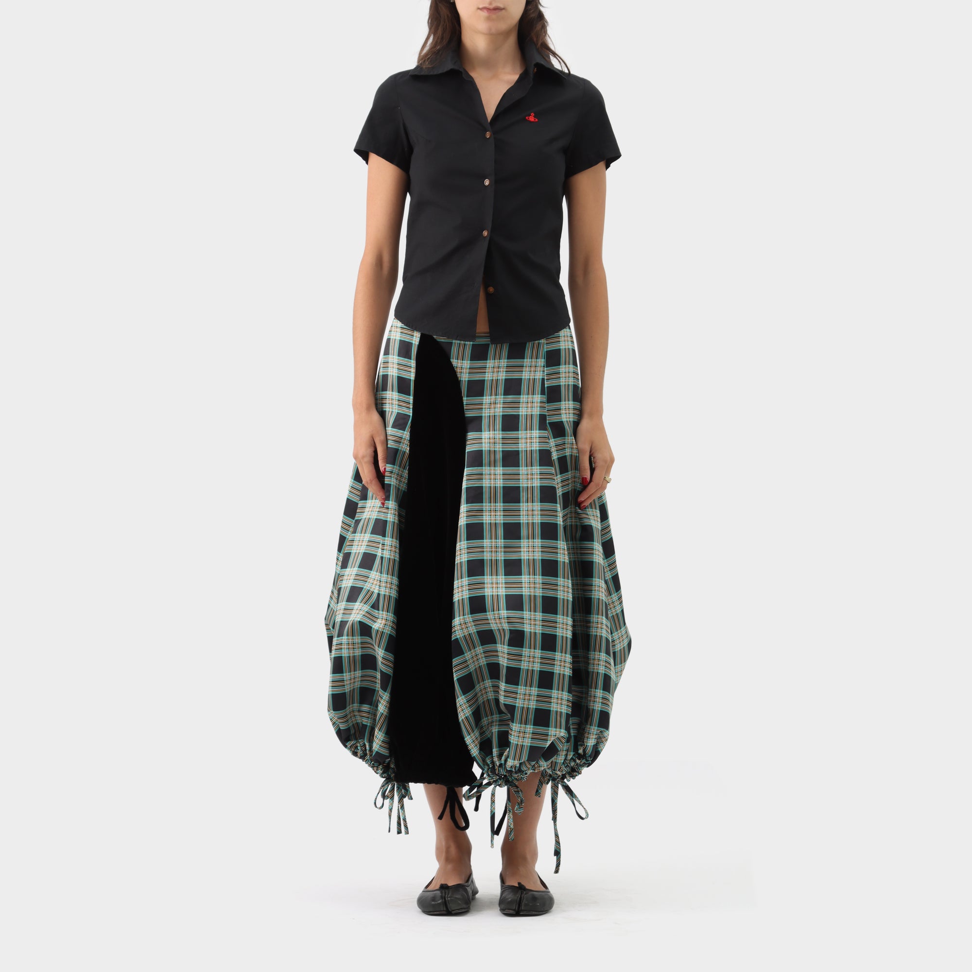 Chopova Lowena Plaid Velvet Drawstring Panelled Bubble Skirt