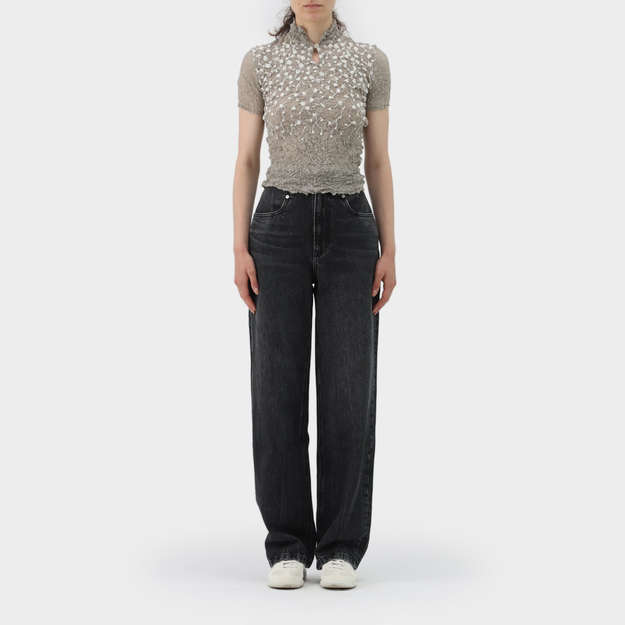 Issey Miyake White Label Floral Embroidered Scrunch Pleat Top