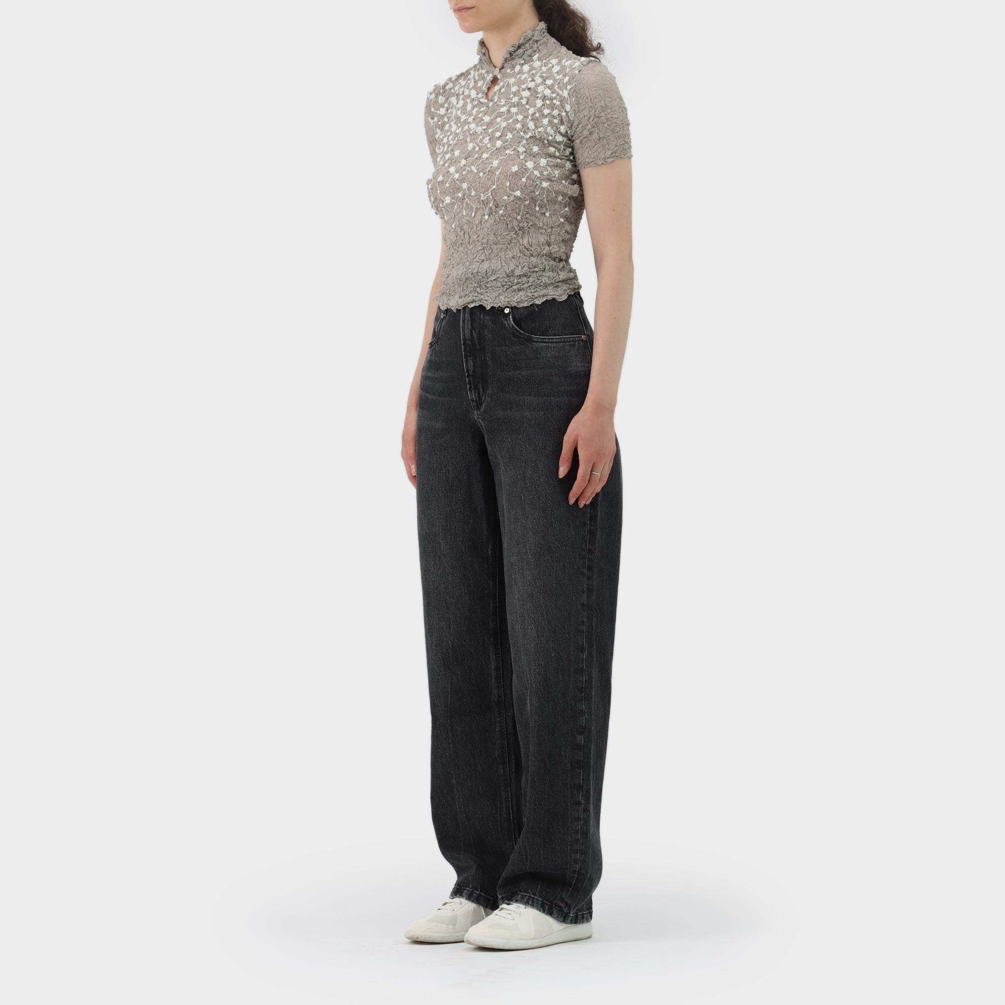 Issey Miyake White Label Floral Embroidered Scrunch Pleat Top