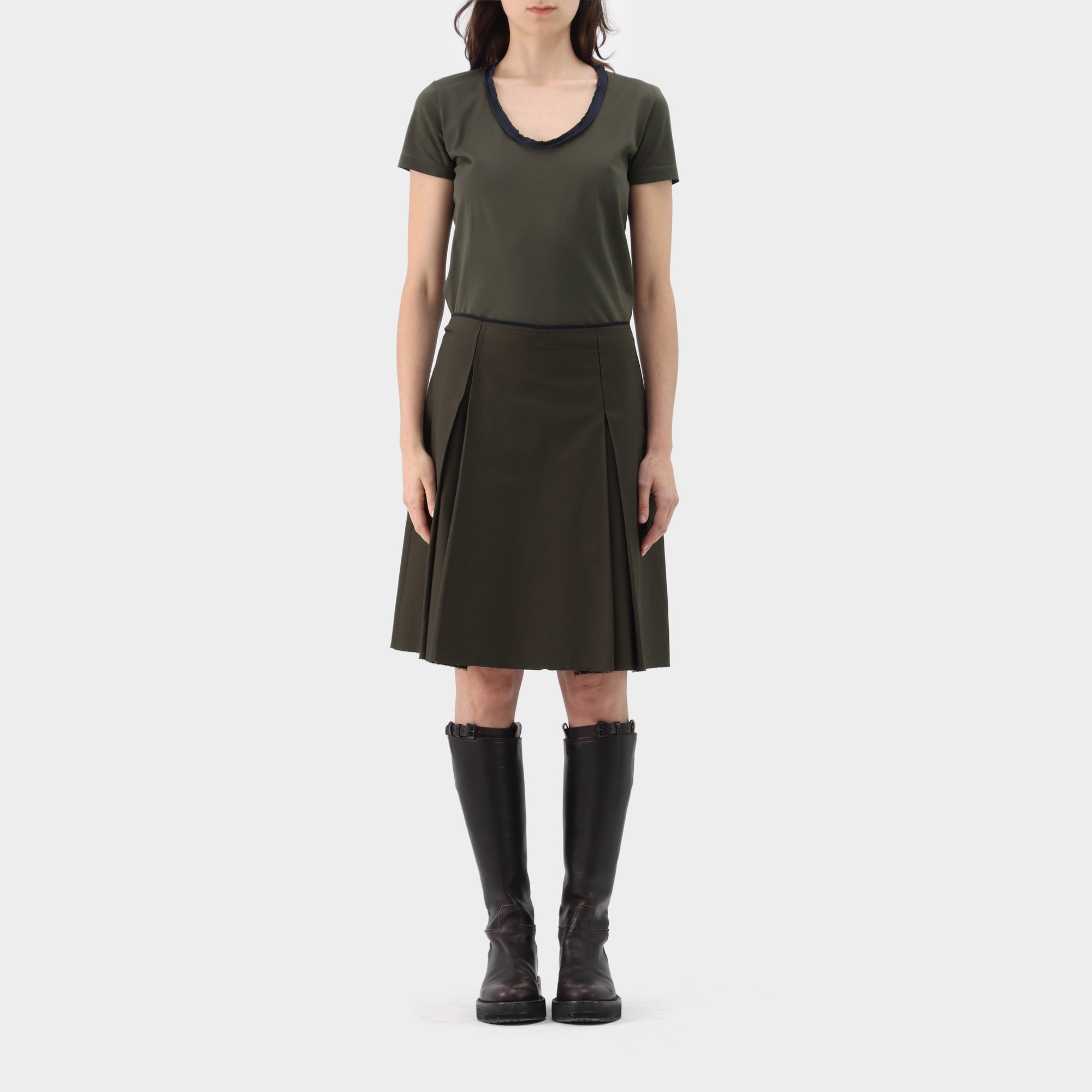 Jil Sander Navy Cotton Pleated Skirt and T-Shirt Set
