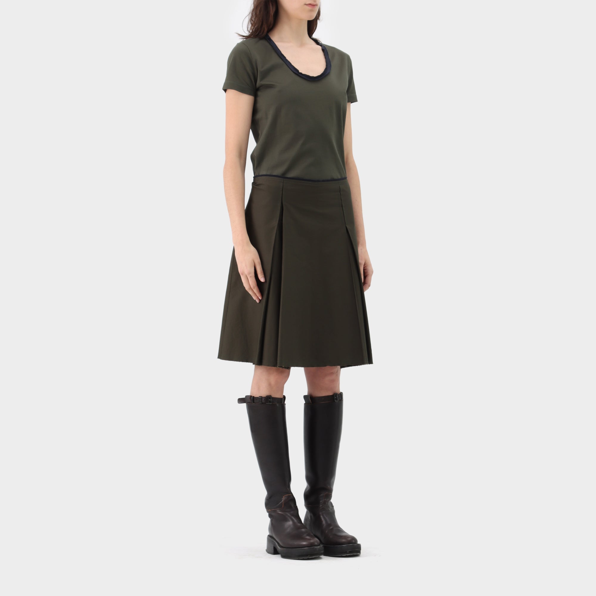Jil Sander Navy Cotton Pleated Skirt and T-Shirt Set