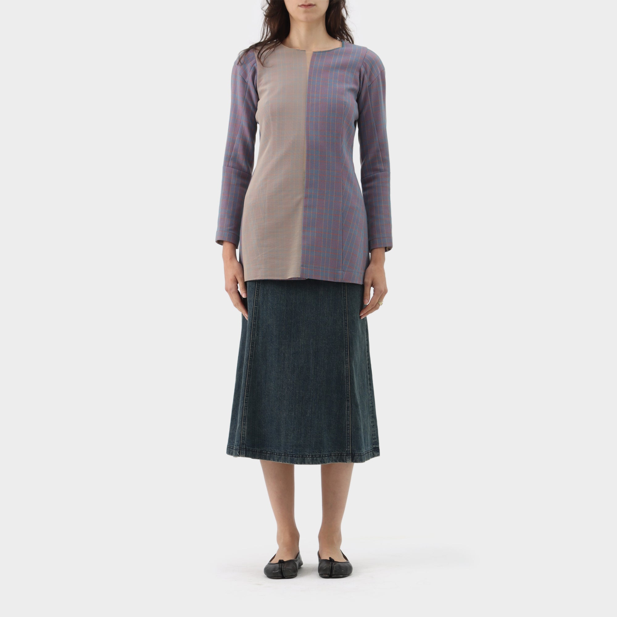 Junya Watanabe Plaid Mesh Layered Long-sleeve Tunic