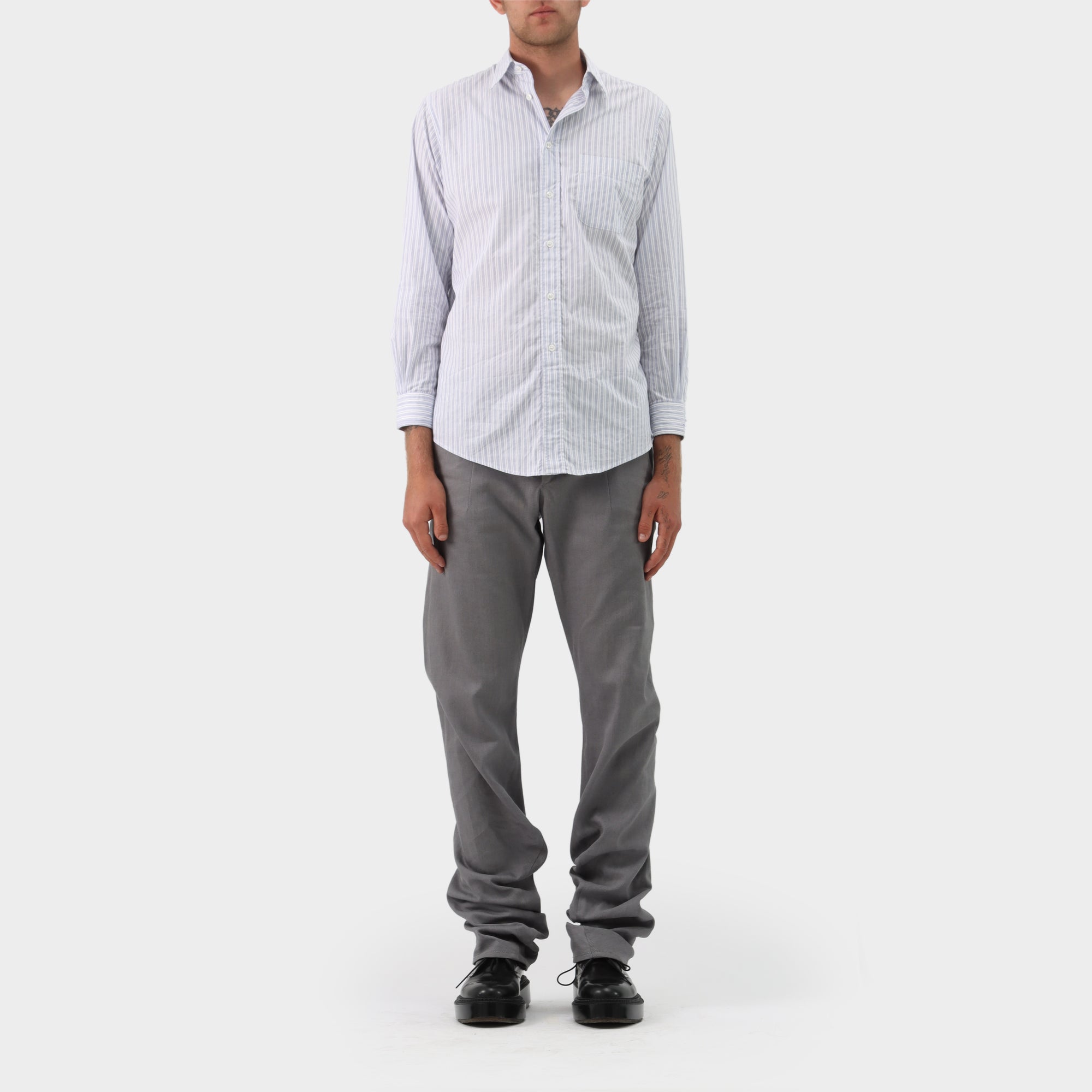 Maison Margiela Pinstripe Button Down with Distressed Cuffs