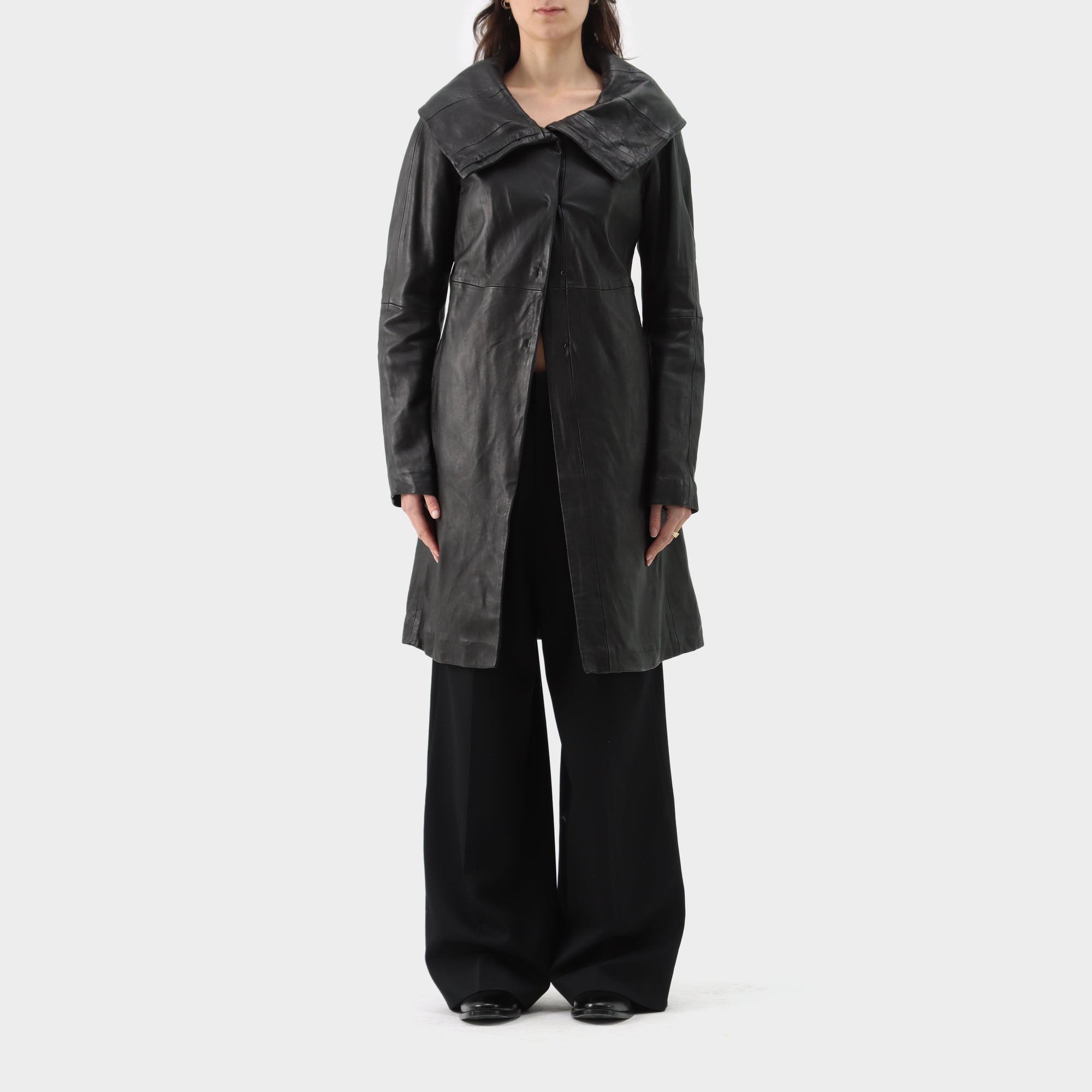 Peachoo + Krejberg High Neck Long Leather Jacket