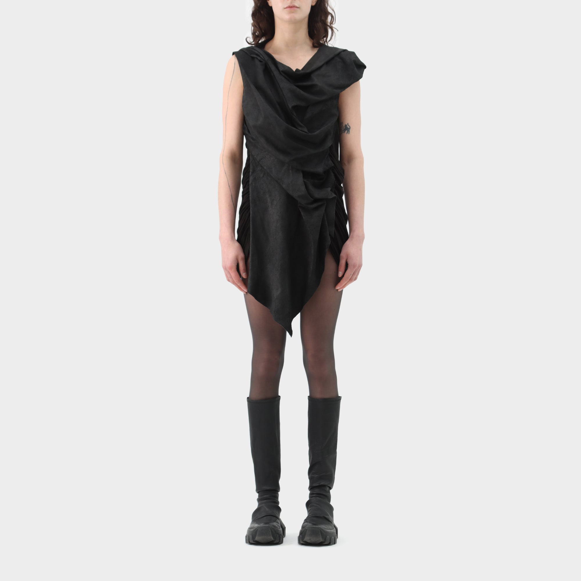 Rick Owens Gathered Leather Jersey Mini Dress