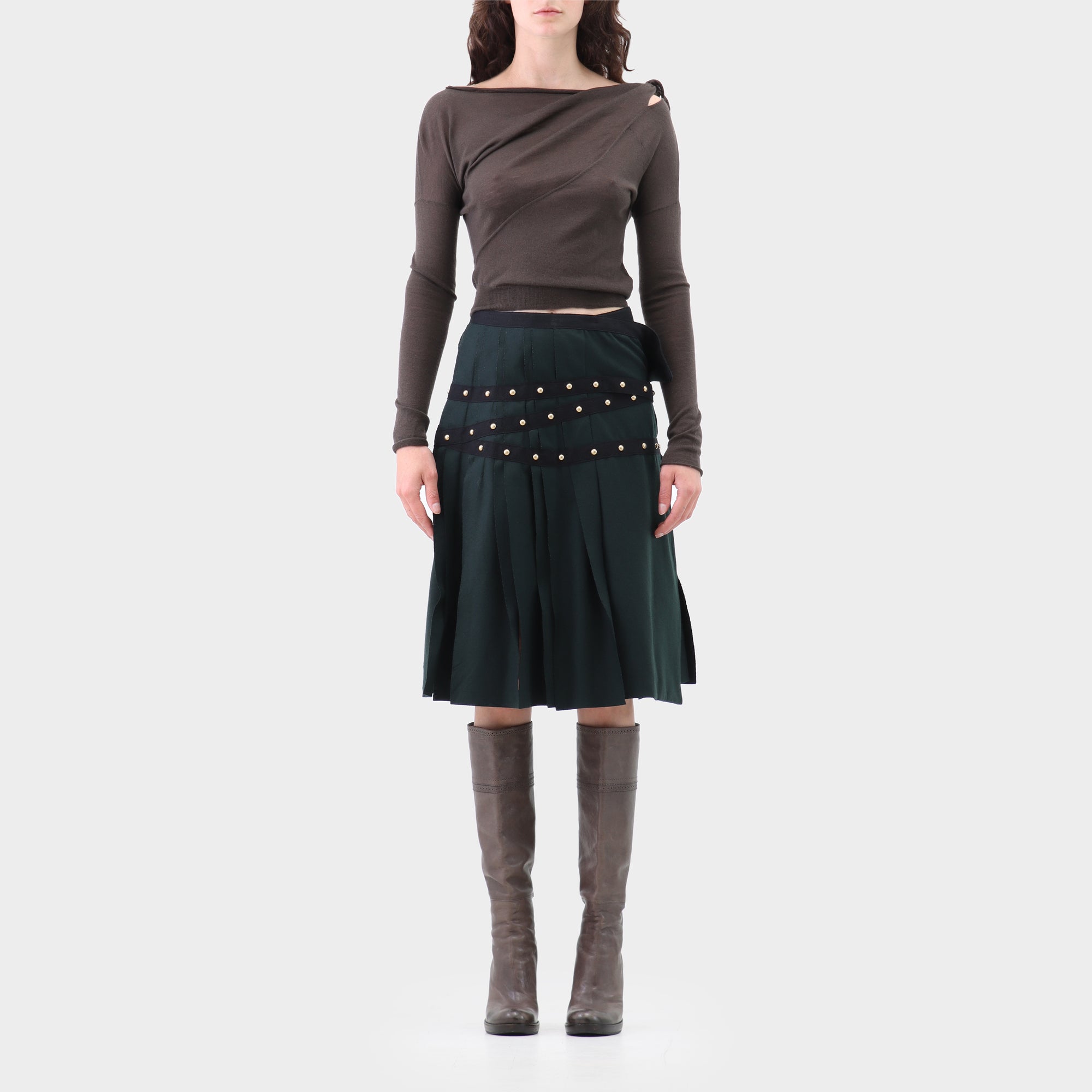 Sacai wool pleated studded wrap skirt